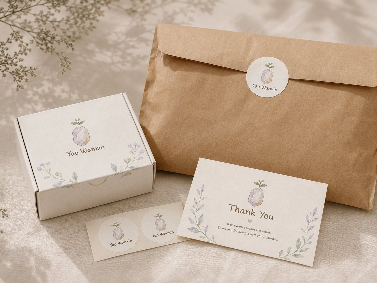 Concept arrangement showing a branded paper box and kraft mailer
