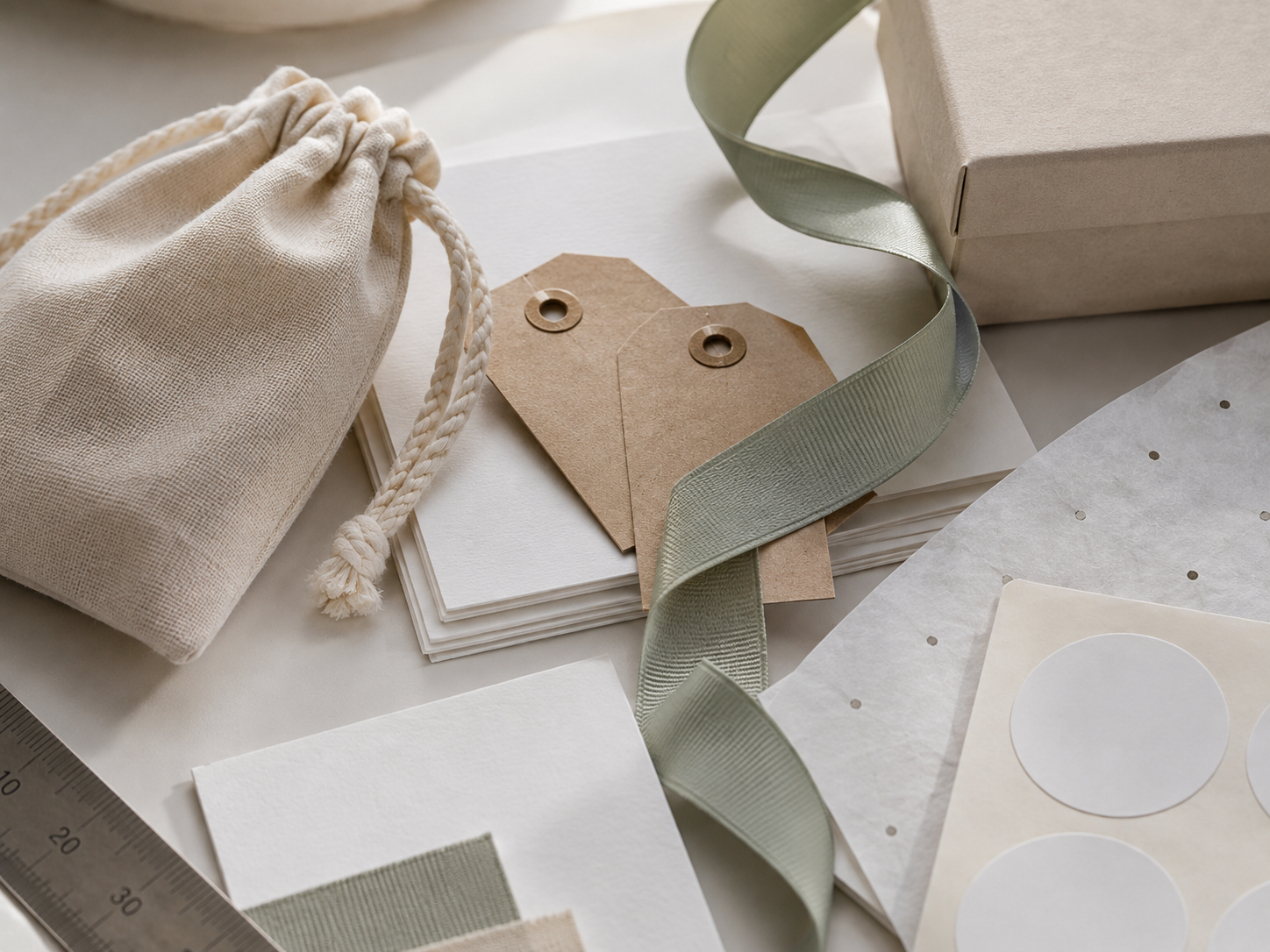 Paper tags, cotton pouch, cards, ribbon and labels for packaging planning