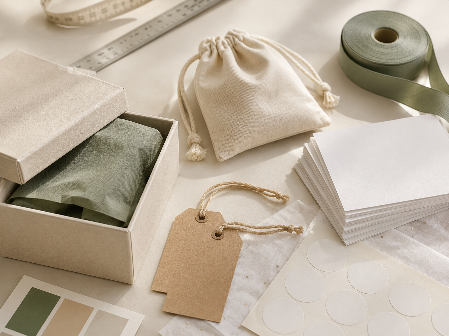 Packaging materials arranged for custom packaging MOQ planning