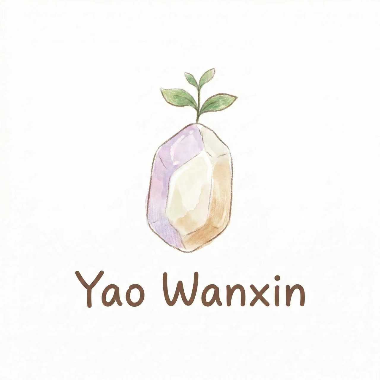 Hand-drawn Yao Wanxin logo with a sprouting crystal